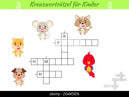 Mots croisés pour les enfants en allemand avec des images d'animaux. Jeu éducatif pour étudier la langue et les mots allemands. Feuille de travail imprimable de l'activité enfants. Po Illustration de Vecteur