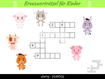 Mots croisés pour les enfants en allemand avec des images d'animaux. Jeu éducatif pour étudier la langue et les mots allemands. Feuille de travail imprimable de l'activité enfants. Po Illustration de Vecteur