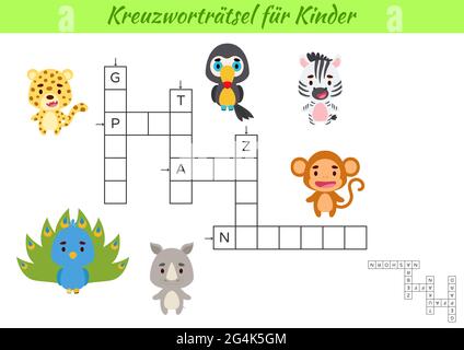 Mots croisés pour les enfants en allemand avec des images d'animaux. Jeu éducatif pour étudier la langue et les mots allemands. Feuille de travail imprimable de l'activité enfants. Po Illustration de Vecteur
