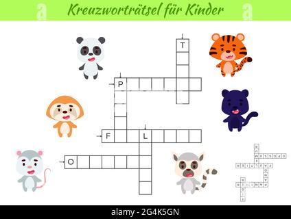 Mots croisés pour les enfants en allemand avec des images d'animaux. Jeu éducatif pour étudier la langue et les mots allemands. Feuille de travail imprimable de l'activité enfants. Po Illustration de Vecteur