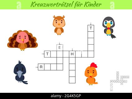 Mot clé pour enfants en allemand avec photos d'oiseaux. Jeu éducatif pour étudier la langue et les mots allemands. Feuille de travail imprimable de l'activité enfants. Incl Illustration de Vecteur