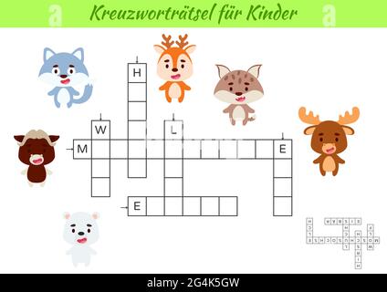 Mots croisés pour les enfants en allemand avec des images d'animaux. Jeu éducatif pour étudier la langue et les mots allemands. Feuille de travail imprimable de l'activité enfants. Po Illustration de Vecteur