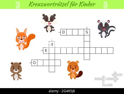 Mots croisés pour les enfants en allemand avec des images d'animaux. Jeu éducatif pour étudier la langue et les mots allemands. Feuille de travail imprimable de l'activité enfants. Po Illustration de Vecteur
