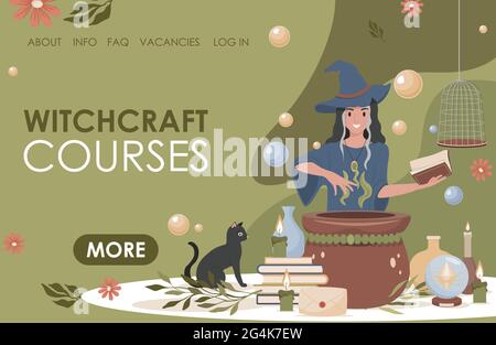 Modèle de page d'arrivée à plat vectorielle des cours de sorcellerie avec espace de texte. Bonne femme souriante dans chapeau de sorcière et robe bleue préparant le poison magique en utilisant le livre. Modèle de site Web de la science occulte. Illustration de Vecteur