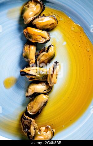 Moules fumées dans l'huile sur une assiette en céramique bleue. Vue de dessus, plan d'appartement. Gros plan Banque D'Images