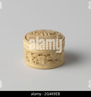 Petite boîte ronde en ivoire avec perles gravées. Petite boîte ronde avec couvercle convexe. Le couvercle et les côtés sont décorés en relief. Sur le couvercle un curieux spectacle de trois arbres entouré par et clôture; un paysage avec des maisons sans figures sur les côtés; UNE fleur en faible relief sur le fond. À l'intérieur du couvercle un reste vague d'un caractère chinois en encre chinoise. Les copeaux sont équipés d'un bord fin de cartel et sont gravés avec divers pneus étroits et décoratifs. Au centre à l'avant un homme chinois à un arbre. Toutes les feuilles (12 ?) Sauf un assis dans la boîte. Cette boîte était probablement Banque D'Images