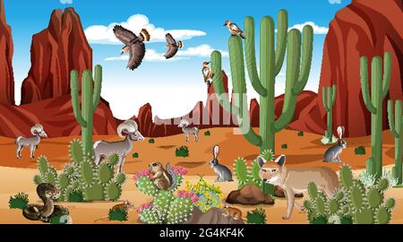Paysage de forêt désertique en journée avec illustration des animaux de willd Illustration de Vecteur