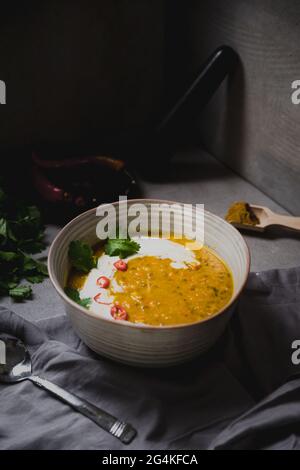 Dahl de citrouille indienne maison avec crème de noix de coco, coriandre, piment et herbes de masala Banque D'Images