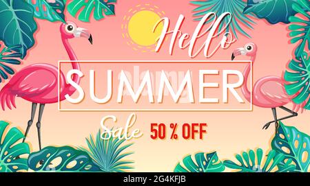 Bannière Hello Summer sale avec illustration de flamants roses et de feuilles tropicales Illustration de Vecteur