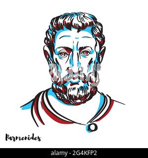 Parmenides Portrait vectoriel gravé avec contours d'encre sur fond blanc. Philosophe grec pré-socratique d'Elea dans Magna Graecia. Illustration de Vecteur