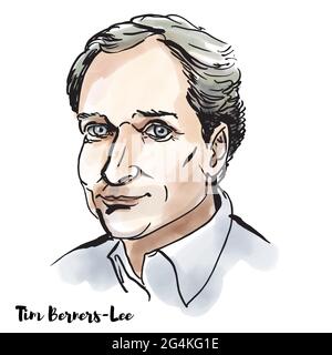 MOSCOU, RUSSIE - 23 février 2020: Jeune Tim Berners Lee aquarelle portrait vectoriel avec contours d'encre. Ingénieur anglais et informaticien, le meilleur Illustration de Vecteur