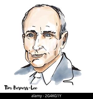 MOSCOU, RUSSIE - 23 février 2020 : portrait vectoriel en aquarelle de Tim Berners Lee avec contours d'encre. Ingénieur anglais et informaticien, mieux connu Illustration de Vecteur