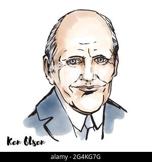 MOSCOU, RUSSIE - 23 février 2020 : portrait vectoriel d'aquarelle de Ken Olsen avec contours d'encre. Ingénieur américain qui a co-fondé Digital Equipment Corpora Illustration de Vecteur