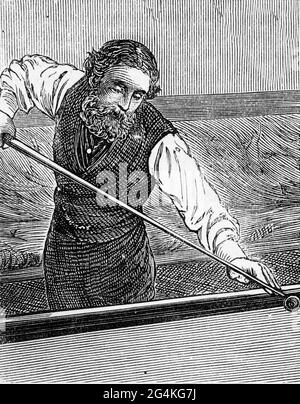 Gravure d'un homme mature jouant au billard Banque D'Images