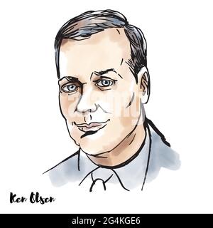 MOSCOU, RUSSIE - 23 février 2020 : jeune Ken Olsen portrait vectoriel aquarelle avec contours d'encre. Ingénieur américain qui a co-fondé Digital Equipment C. Illustration de Vecteur