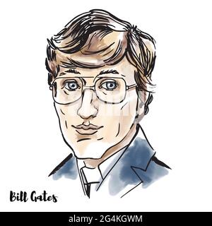 MOSCOU, RUSSIE - 23 février 2020 : portrait vectoriel d'aquarelle de Bill Gates avec contours d'encre. Magnat américain, développeur de logiciels, investisseur, Illustration de Vecteur