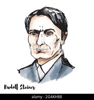 MOSCOU, RUSSIE - 23 février 2020 : portrait vectoriel d'aquarelle de Rudolf Steiner avec contours d'encre. Philosophe autrichien, réformateur social, architecte, éco Illustration de Vecteur