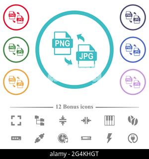 Conversion de fichier PNG JPG icônes de couleur plate dans les contours en forme de cercle. 12 icônes bonus incluses. Illustration de Vecteur