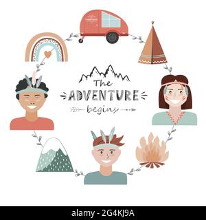 Concept de camping pour enfants dans le style tribal, cadre d'aventure avec l'aventure commence le lettrage. Arrière-plan de loisirs et de voyages en plein air, vecteur Illustration de Vecteur