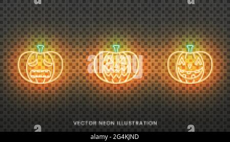 Panneau de lanterne de Noël à motif de néons. Ensemble de citrouilles brillantes pour Halloween Illustration de Vecteur