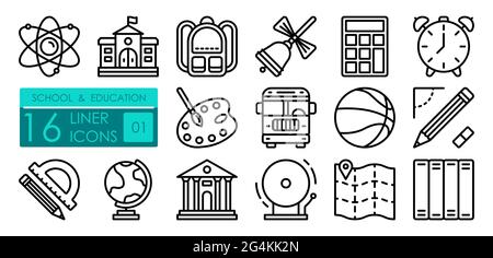 Ensemble d'icônes linéaires pour l'école. Structure de l'atome, sac à dos, calculatrice, route vers l'école en bus. Leçons d'éducation physique, géographie. Vecteur simple Illustration de Vecteur