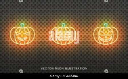 Panneau néon citrouille Halloween. Ensemble de lanternes lumineuses Jack O pour Halloween Illustration de Vecteur