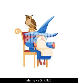 Enchanteur ou personnage de magicien de l'ancien homme magique. Vieux sorcière fatigué dans un peignoir de sorcière dormant ou se reposant. Owl protège le sommeil du propriétaire. Style de dessin animé Illustration de Vecteur