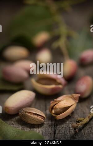 Pistache avec husk de Bronte Sicile sur bois Banque D'Images