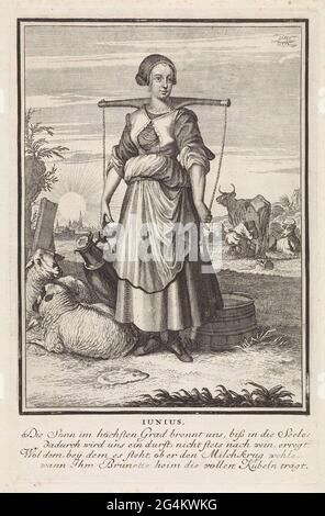 . Juin. Au premier plan une femme de chambre à côté de deux moutons. Elle porte un joug avec une boîte. Un agriculteur est une vache en arrière-plan. L'imprimé a une légende allemande de quatre règles en juin. Banque D'Images