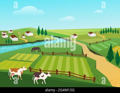 Les vaches se broutent dans le village campagne été paysage illustration vectorielle. Animaux domestiques de la vache de dessin animé paître dans les pâturages verts, ferme de bétail de lait, fermes et jardins, fond de paysage de rivière Illustration de Vecteur