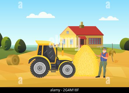 Les agriculteurs travaillent dans le village rural paysage illustration de vecteur. Caricature homme âgé personnage de travail tenant la fourche, debout à côté de la machine agricole de tracteur et de haystack sur fond de champ Illustration de Vecteur