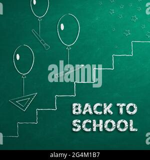 Bannière de retour à l'école. Les fournitures scolaires et l'échelle au succès. Illustration vectorielle. Illustration de Vecteur