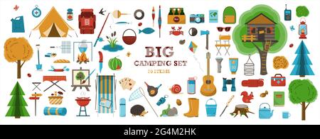 Un grand ensemble d'icônes plates pour le camping. Illustration de dessin animé vectoriel. Équipement pour la randonnée, l'alpinisme et le camping - un ensemble d'icônes et d'infographies Illustration de Vecteur