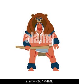 Guerrier d'Amérique du Sud, guerrier maya, aztèque ou inca Barbarian avec masque de guerre, portant un casque d'ours et avec l'arme traditionnelle. Plat, dessin animé Illustration de Vecteur