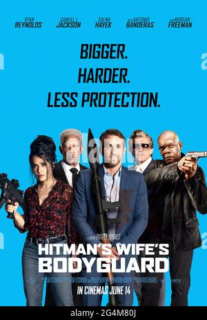 Le Bodyguard de l'épouse du Hitman (2021) dirigé par Patrick Hughes et avec Ryan Reynolds, Samuel L. Jackson et Salma Hayek. Le BodyGuard Michael Bryce poursuit son amitié avec l'assassin Darius Kincaid alors qu'ils essaient de sauver la femme de Darius Sonia. Banque D'Images