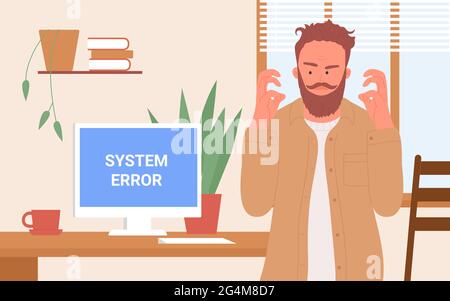 Illustration d'un vecteur informatique cassé et d'un employé de bureau. Personnage d'homme d'affaires en colère de dessin animé regardant l'erreur bleue fenêtre d'avertissement de mort sur l'écran de pc, employé frustré a l'arrière-plan de problème de logiciel Illustration de Vecteur