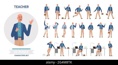 L'homme enseignant pose un ensemble d'illustrations vectorielles. Caricature homme souriant enseignant personnage posant travail élèves élèves, enseignement postures lecture collection de leçons isolées Illustration de Vecteur