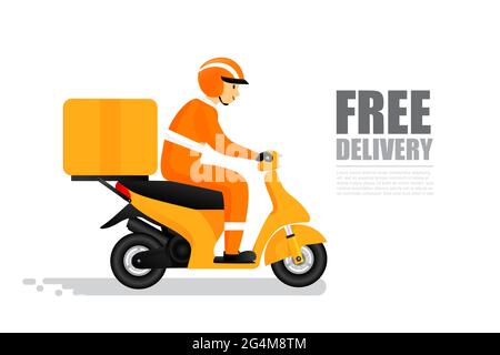 Texte de livraison libre avec l'homme souriant de conduire une moto avec le bonheur, pour la livraison logistique de transport et le concept de shopping en ligne, express d Banque D'Images