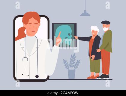 Personnes âgées patients sur appel vidéo médecin rendez-vous illustration du vecteur. Caricature femme professionnelle médecin professionnel personnage consultant couple senior via smartphone, expérience diagnostique par rayons X. Illustration de Vecteur