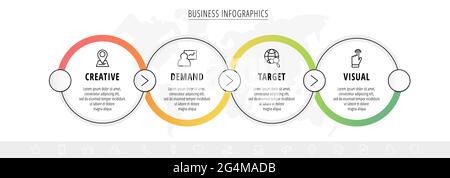 Infographies vectorielles avec quatre cercles de lignes. Visualisation de la chronologie avec 4 étapes pour le diagramme, l'organigramme, la bannière, les présentations, le Web, contenu Illustration de Vecteur