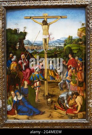 La Crucifixion signé et date sur la pierre en bas à droite : ANDREAS MEDIOLANENSIS FA 1503 Banque D'Images