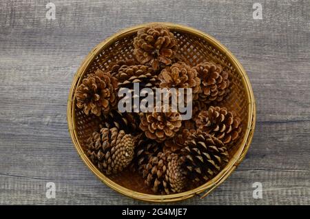 Pommes de pin dans un panier en bambou Banque D'Images