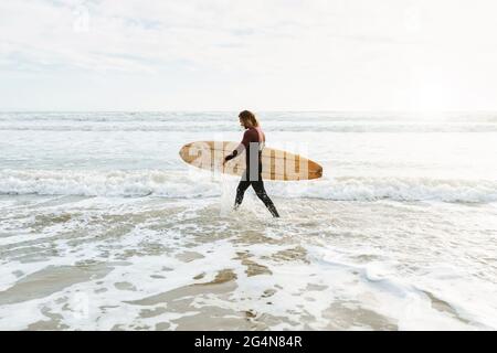 Vue latérale d'un surfeur vêtu d'une combinaison de plongée marchant avec planche de surf vers l'eau pour attraper une vague sur la plage au lever du soleil Banque D'Images