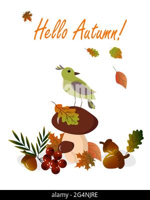 Carte avec un oiseau assis sur un champignon et des feuilles. Dessin d'automne avec méta pour le texte. Illustration de Vecteur