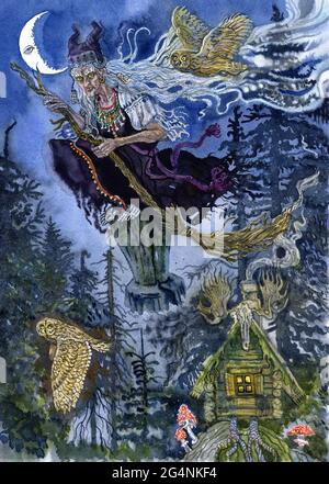 Baba Yaga la sorcière du folklore slaves. Elle vit dans la forêt dans une cabane sur une jambe de poulet et vole dans un mortier couvrant ses pistes avec un balai. Wate Banque D'Images