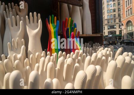 Exposition gay Pride dans la fenêtre de Fishs Eddy maison magasin de marchandises dans le quartier Flatiron de New York, le lundi 21 juin 2021. (© Richard B. Levine) Banque D'Images