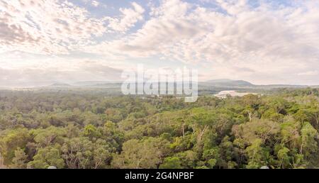 Panorama aérien de la forêt amazonienne en Equateur au crépuscule avec Rio Napo et la montagne de Galeras en arrière-plan. Banque D'Images