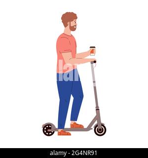 Jeune homme actif avec scooter électrique de marche. Illustration de Vecteur