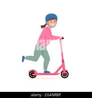 Fille dans un casque de scooter électrique de marche. Illustration de Vecteur