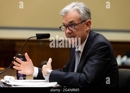 Washington, DC, États-Unis. 22 juin 2021. Le président du conseil de la Réserve fédérale, Jerome Powell, témoigne à Capitol Hill, le mardi 22 juin 2021, lors d'une audience du sous-comité du coronavirus de la Chambre sur la réponse de la Réserve fédérale à la pandémie du coronavirus. (Photo par Pool/Sipa USA) crédit: SIPA USA/Alay Live News Banque D'Images